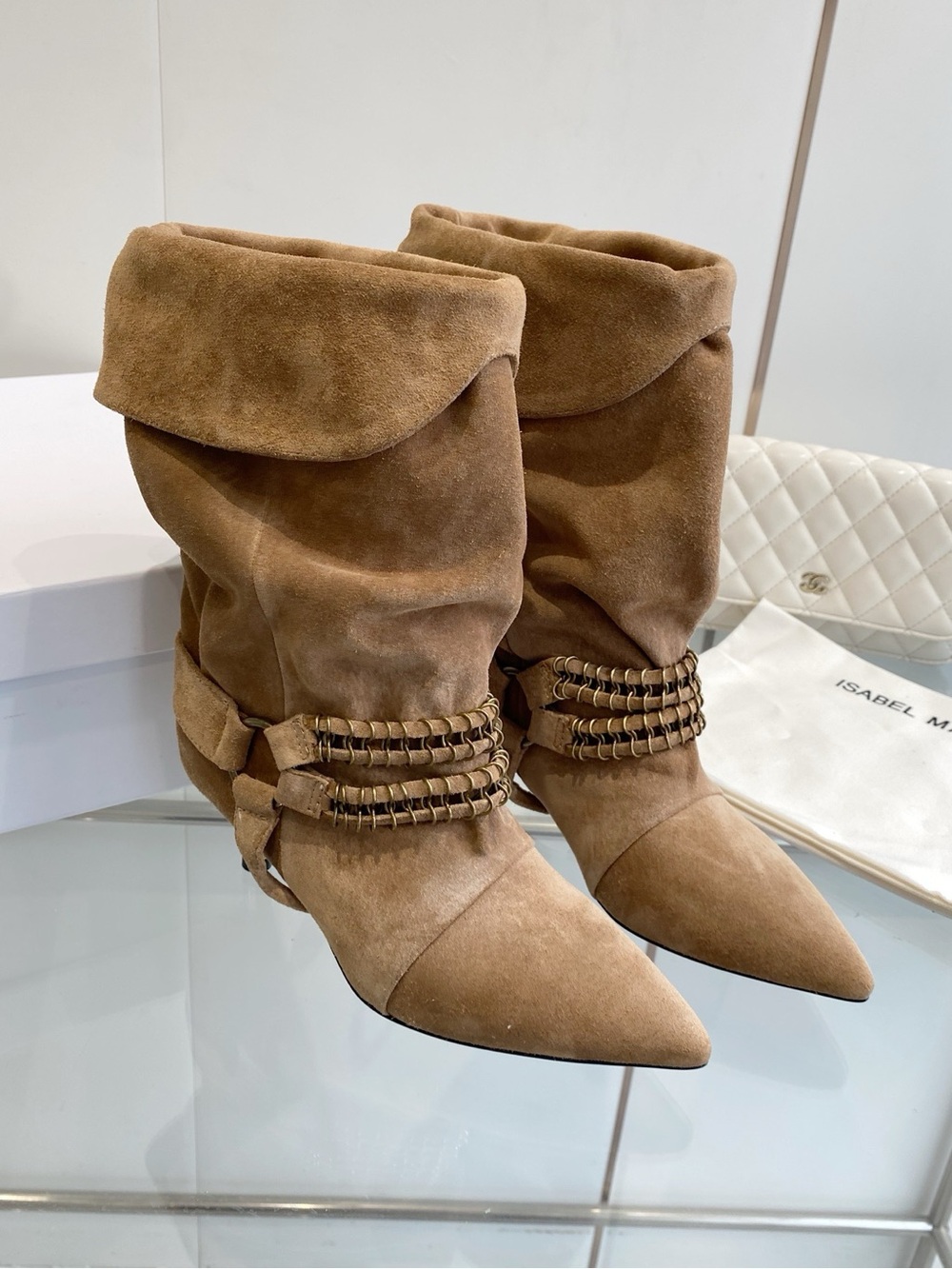 Isabel Marant Tan Suede Slouchy Ankle Booties with Chain Detail - Picture 4 of 8